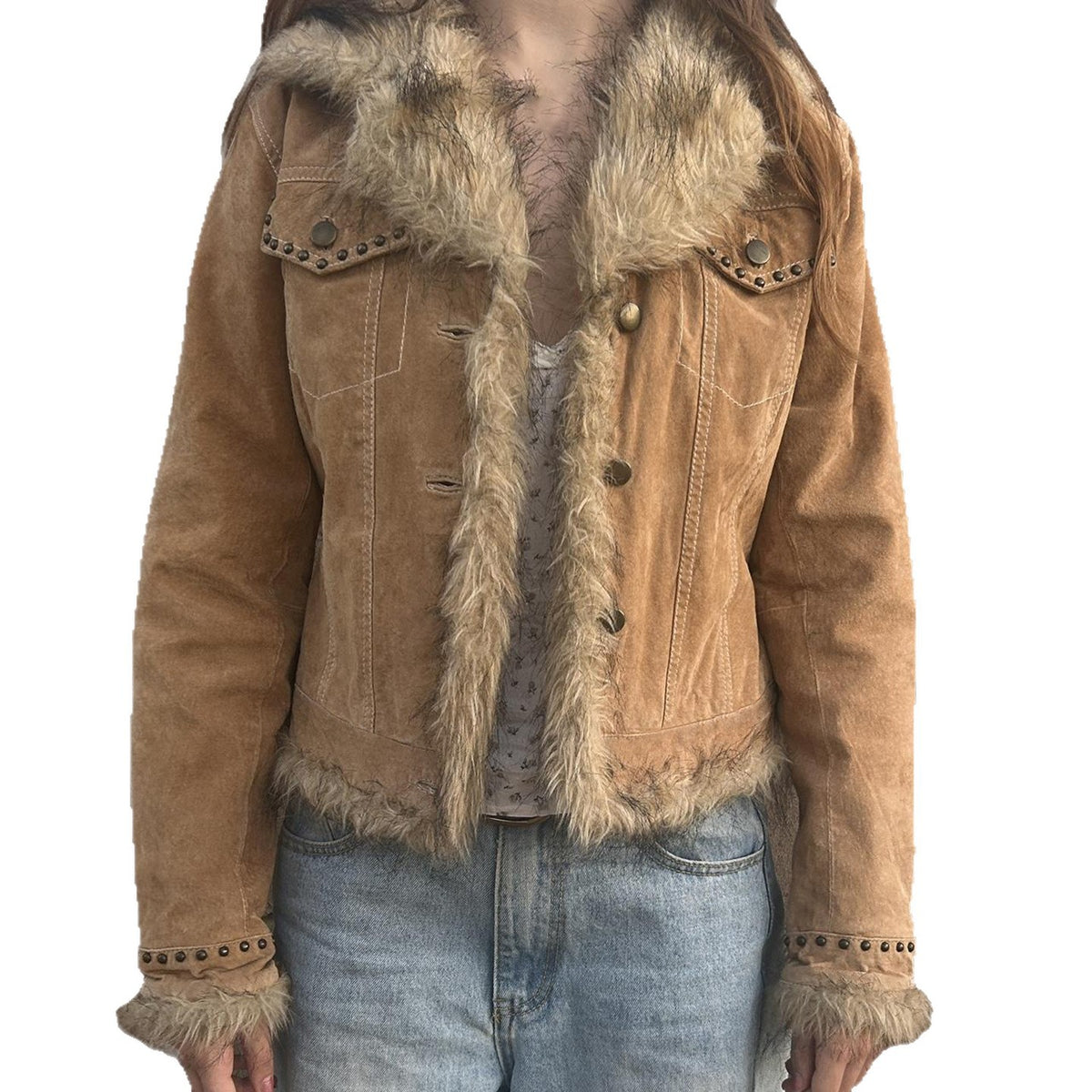 Khaki fur-trimmed patchwork jacket with studded epaulets, button front, fuzzy side panels