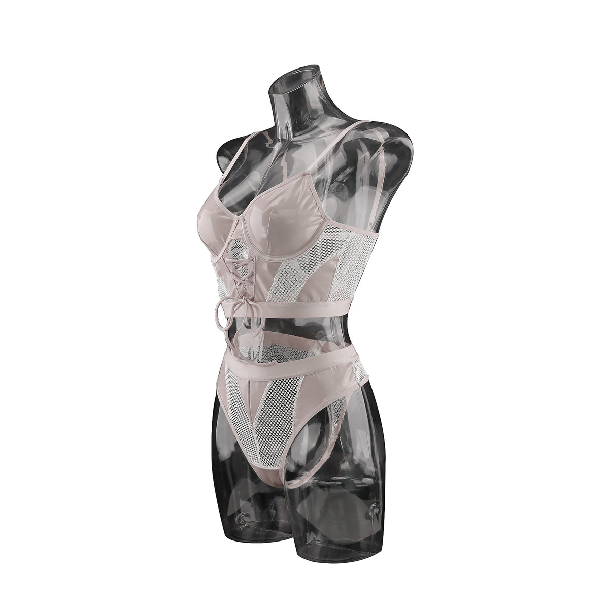 Sheer Mesh Lingerie Set - Glossy Panels And Lace-Up Front