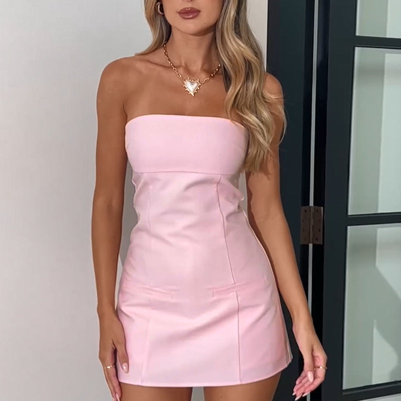 One-Shoulder Mini Dress - PU Leather Pockets