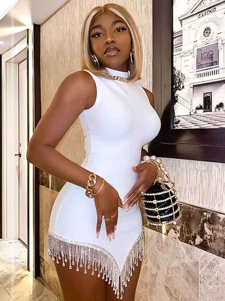 White Tassel Mini Dress - Bodycon Irregular Hem Prom Gown