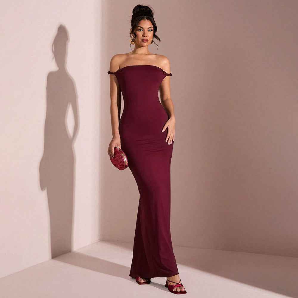 Burgundy Mermaid Maxi Dress - Off Shoulder Ruched Open Back