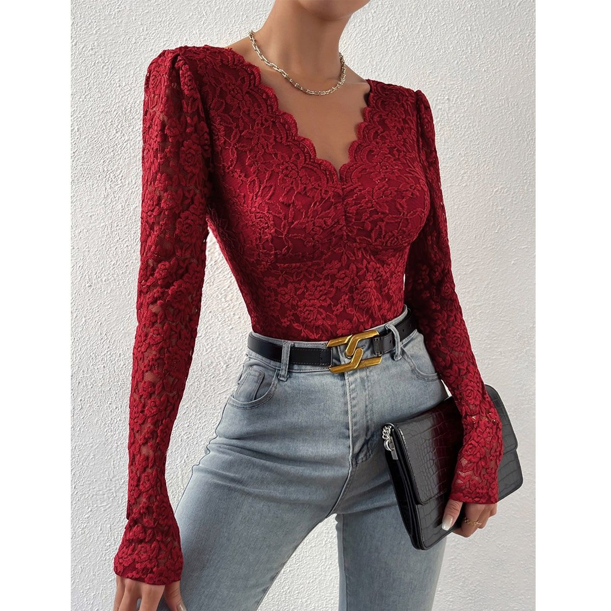 Wine red lace long-sleeve bodysuit with scalloped V-neck, front view