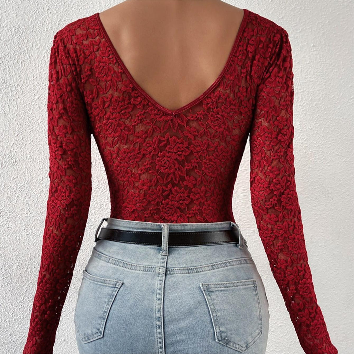Wine red lace long-sleeve bodysuit with V-back, fitted low back view