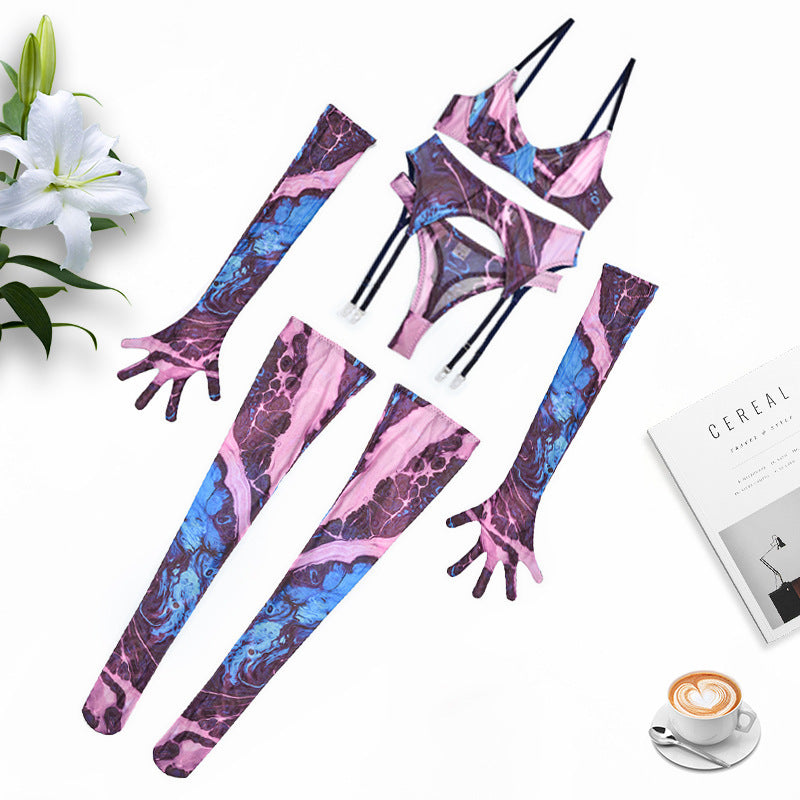 Abstract Print Mesh Five-Piece Lingerie Set - Garter and Gloves