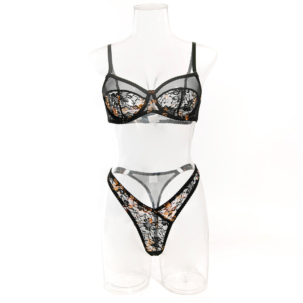 Gold Floral Lace Lingerie Set - Underwire Bra & Thong