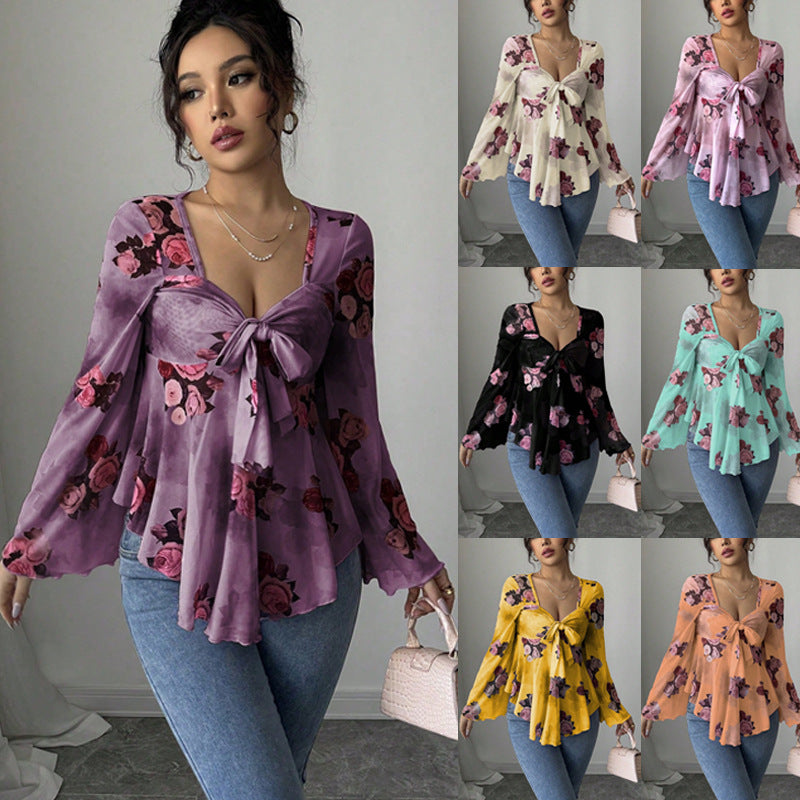 Floral bow-front blouse with bow front and bell sleeves in multiple colors