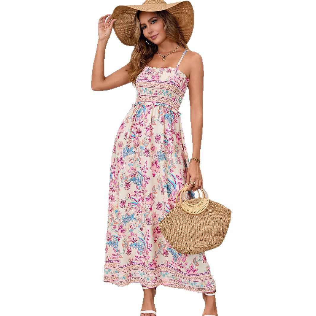 Ethnic Print Bohemian Maxi Dress - Backless Tie-Up Beach Style
