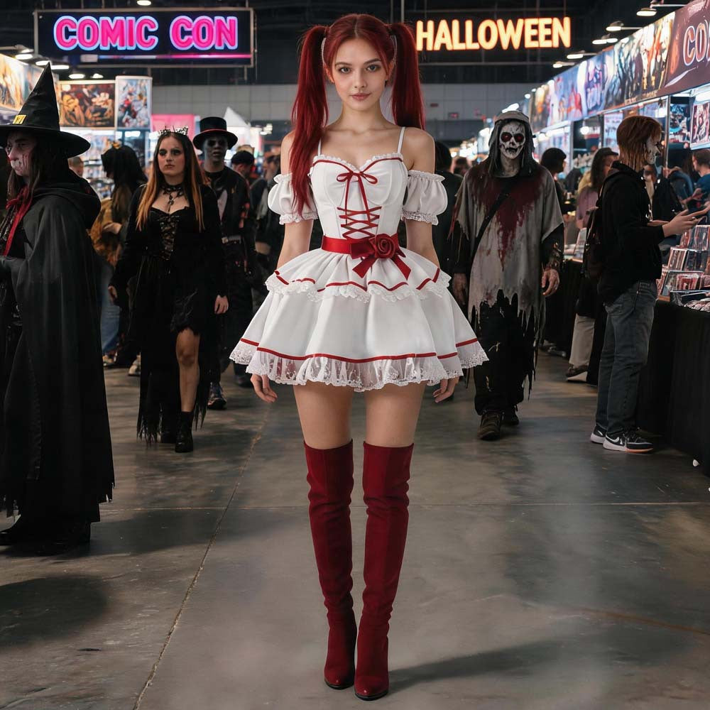 Halloween Annabelle Costume - Creepy Doll Lace Mini Dress Set