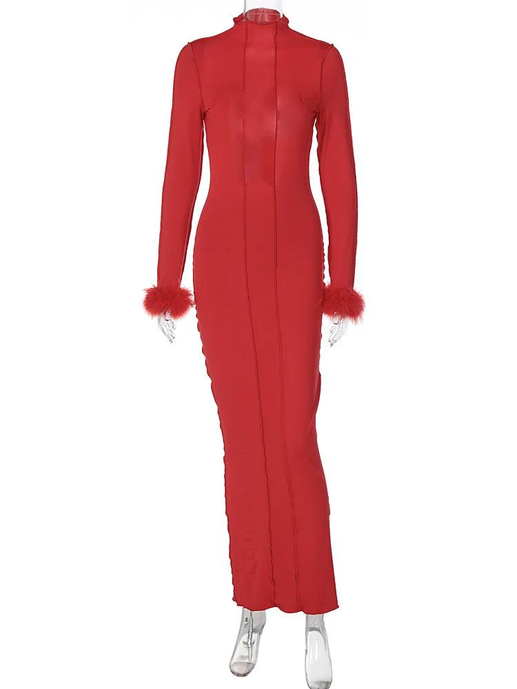 Red Feather Trim Prom Dress - Long Sleeve Maxi Gown