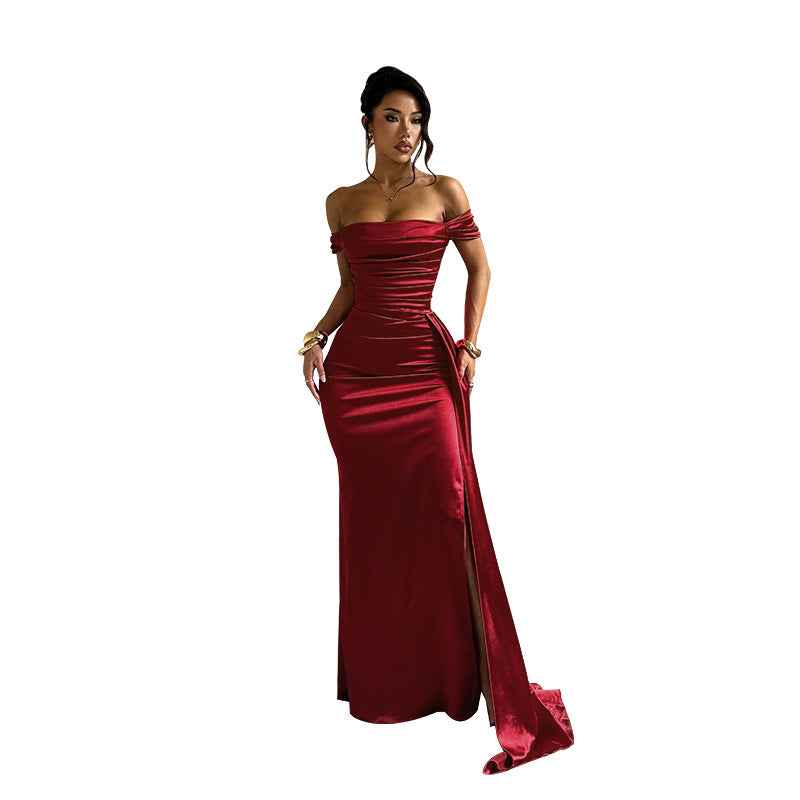 Satin Maxi Dress - Deep Red Off Shoulder High Slit