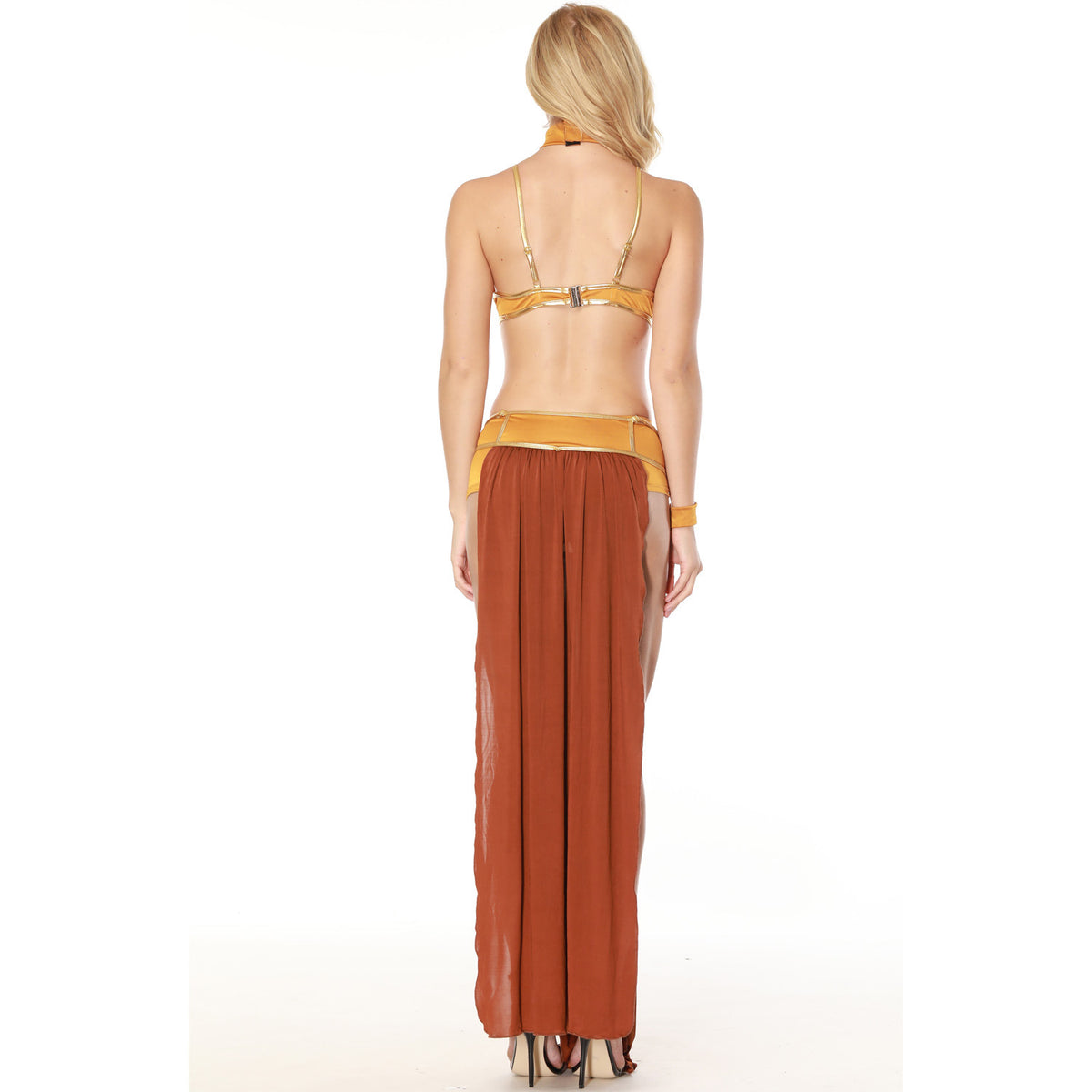 Velvet slave princess costume set back view with gold halter top and brown long skirt