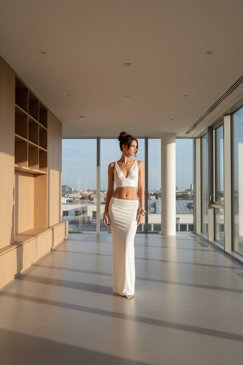 Halter Crop Top and Maxi Skirt Set - White Backless Outfit
