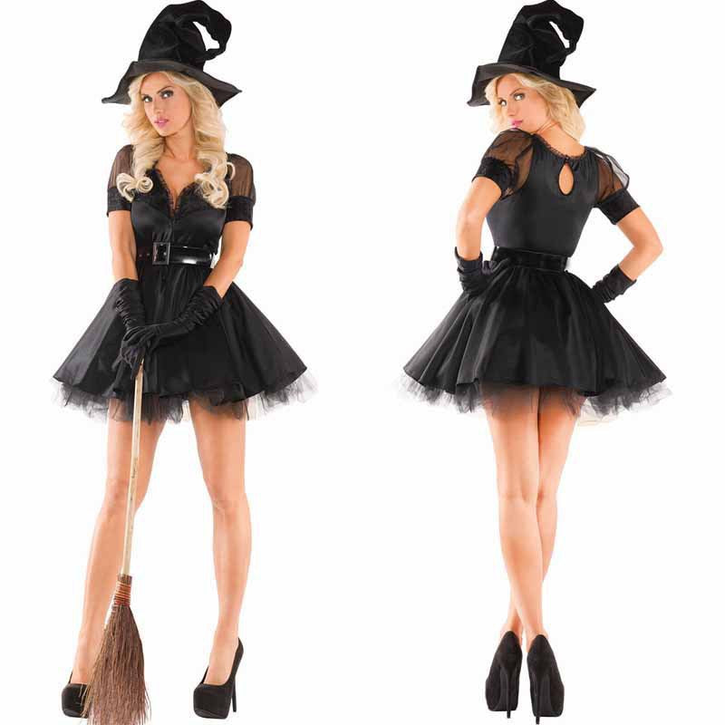 Black witch costume dress with belt and layered tulle skirt, pointed hat, gloves