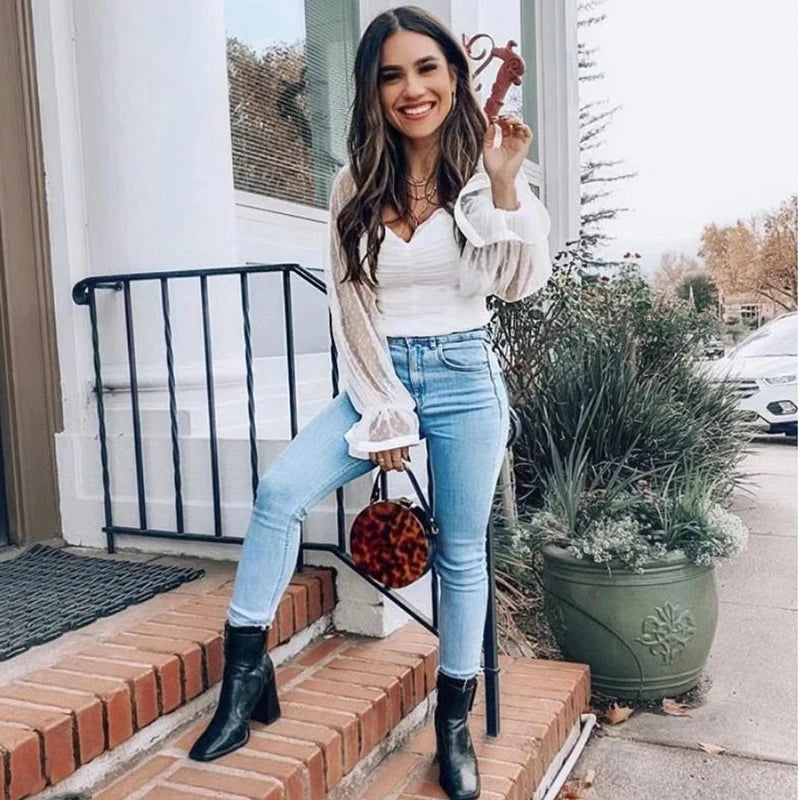 Sweetheart Neckline Lantern Sleeve Blouse - Polka Dot Mesh
