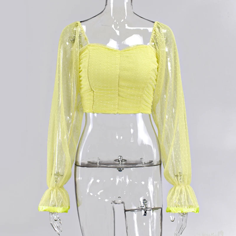 Sweetheart Neckline Lantern Sleeve Blouse - Polka Dot Mesh
