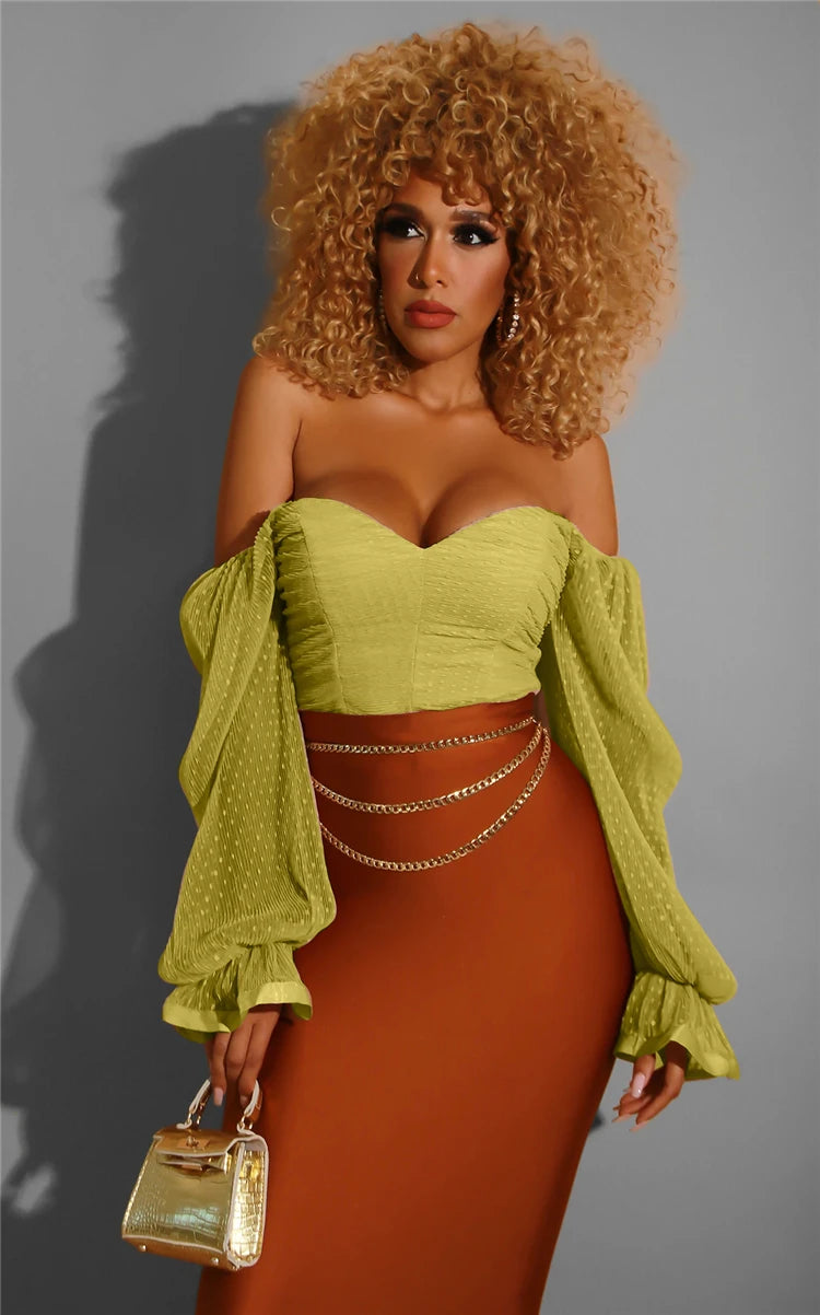 Sweetheart Neckline Lantern Sleeve Blouse - Polka Dot Mesh