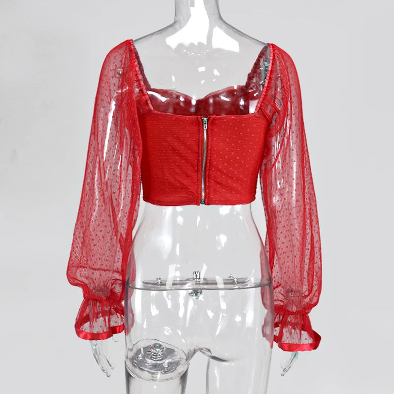 Sweetheart Neckline Lantern Sleeve Blouse - Polka Dot Mesh