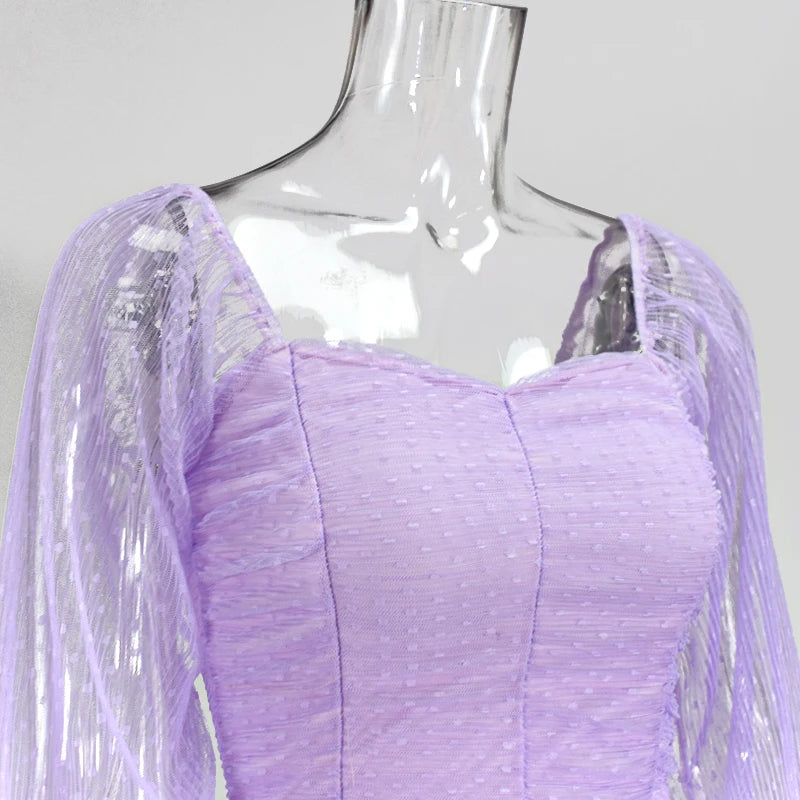 Sweetheart Neckline Lantern Sleeve Blouse - Polka Dot Mesh