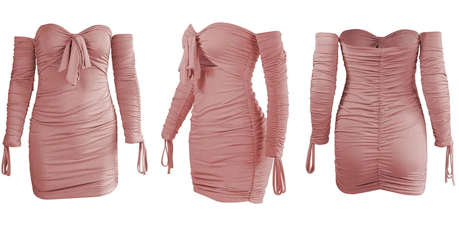 Dusty pink ruched off-shoulder mini dress with long sleeves and side tie detailing