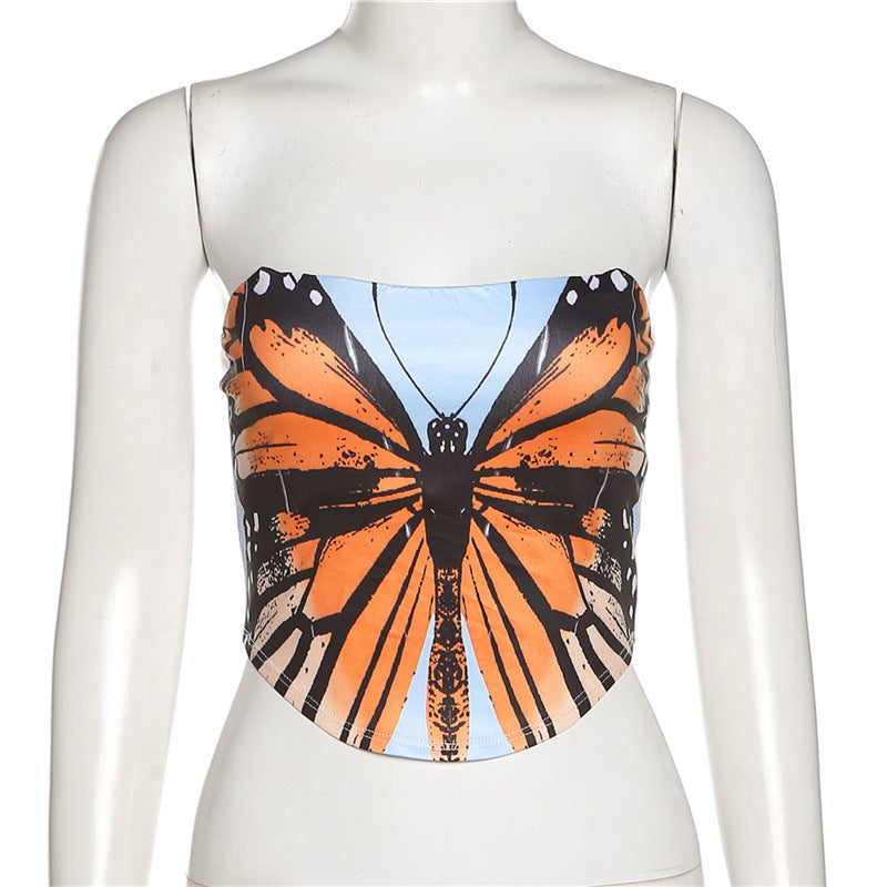 Multicolor butterfly-print strapless crop top on mannequin