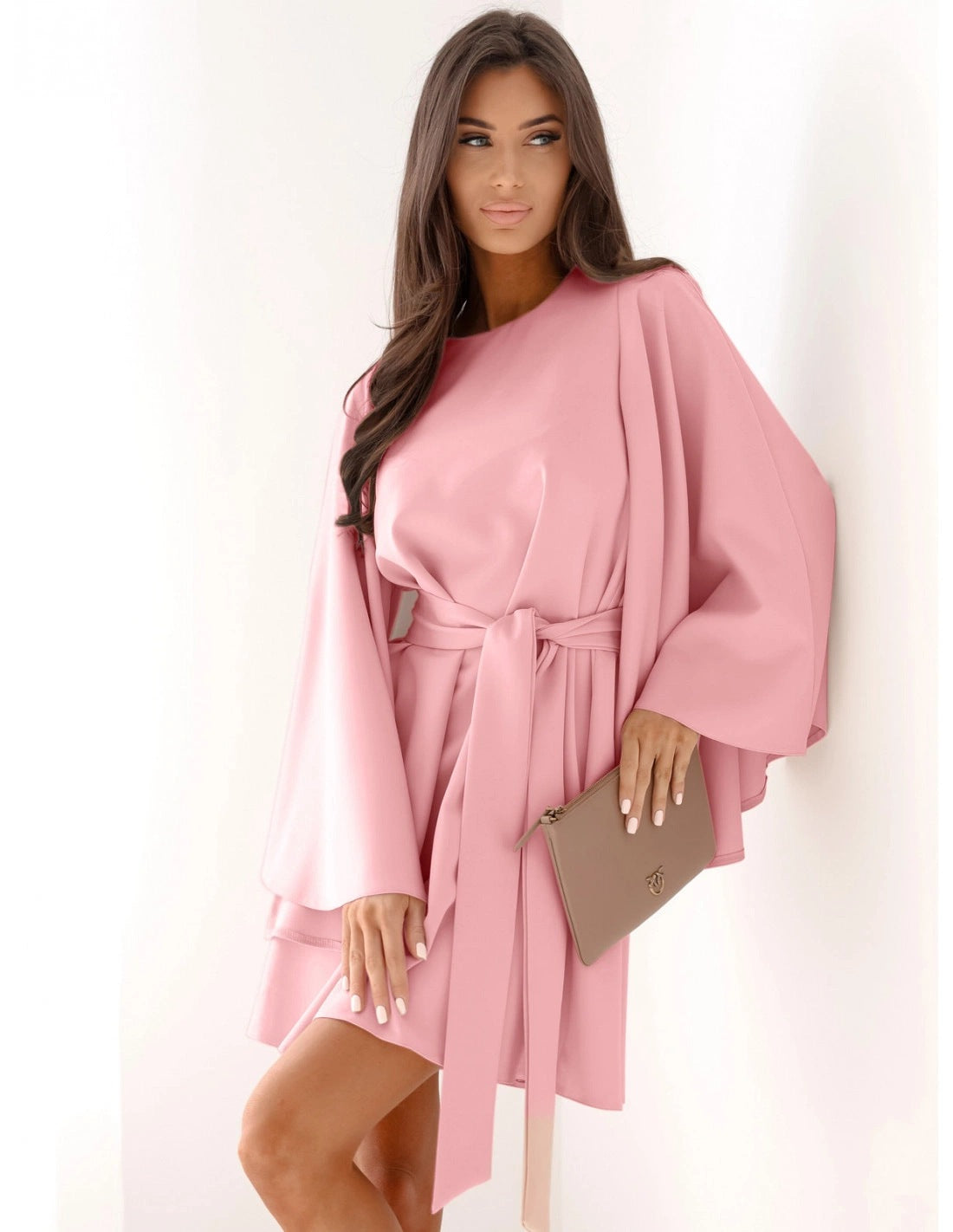 Autumn Mini Dress - Flared Sleeve Lace-Up Round Neck - Fashions Envy