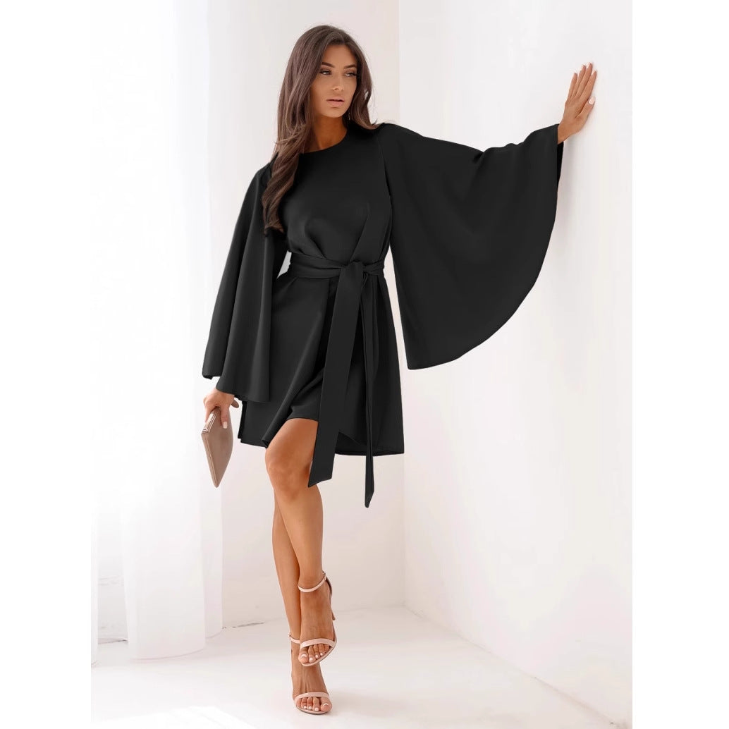 Autumn Mini Dress - Flared Sleeve Lace-Up Round Neck - Fashions Envy