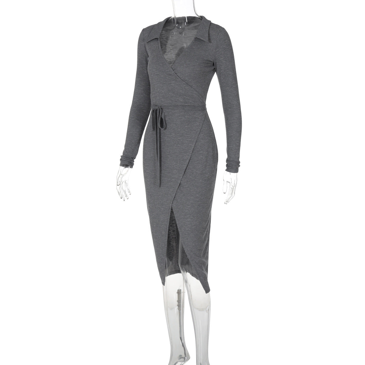 Bodycon Dress - Long Sleeve Tie Waist Split - Fashions Envy