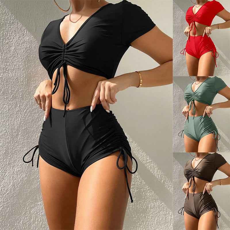 Swimsuit Women's Solid Color Sexy Short Sleeve Swimwear - Fashions Envy