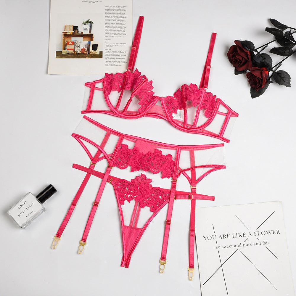 Lace Lingerie Set - Three Piece Hollow Lace Bra Set