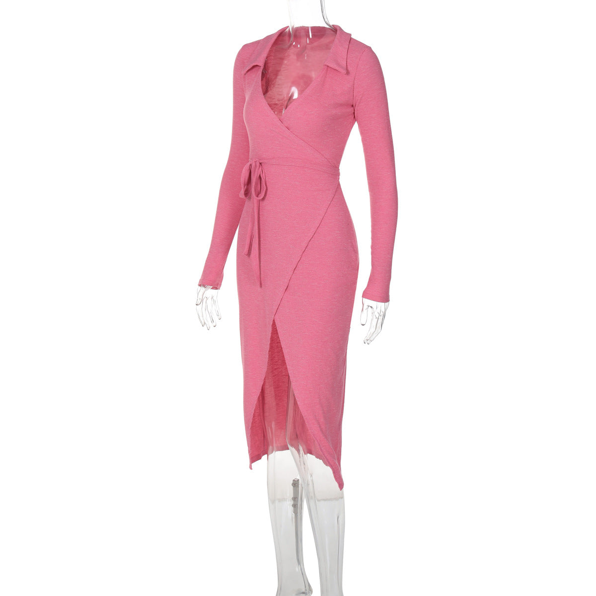 Bodycon Dress - Long Sleeve Tie Waist Split - Fashions Envy