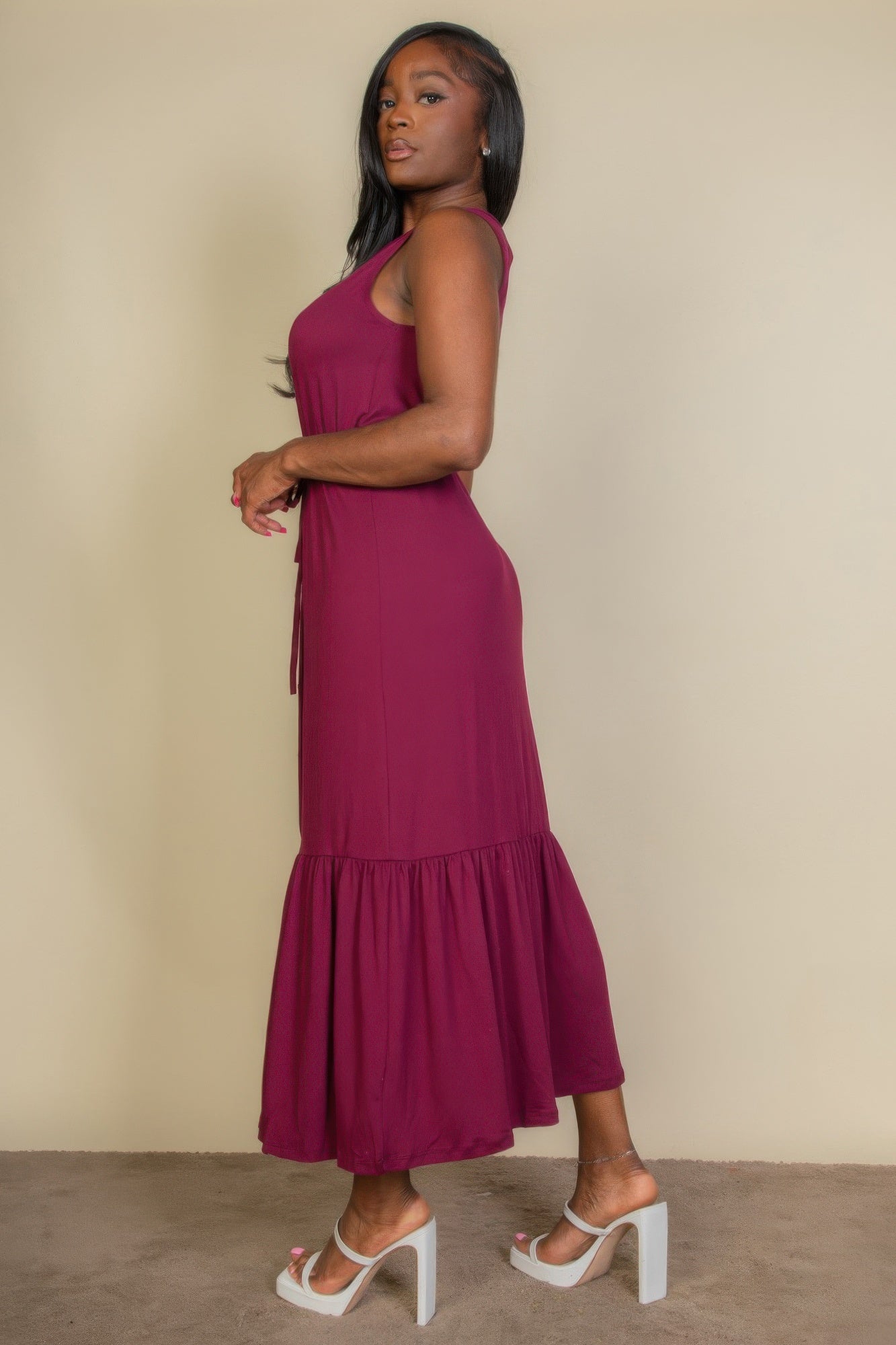 Button Front Tie Waist Sleeveless Maxi Dress - Fashions Envy
