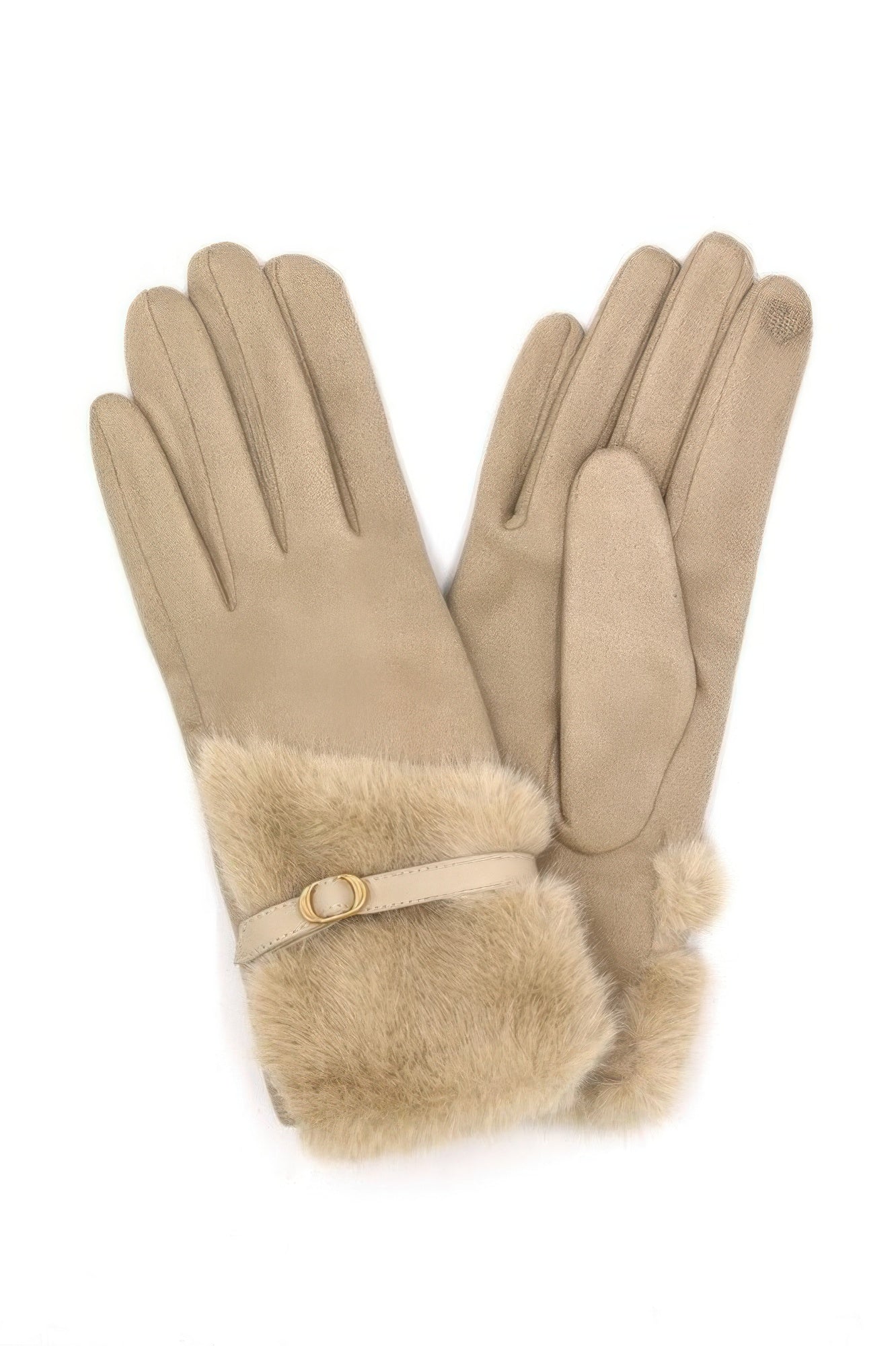 Beige faux fur smart touch gloves with soft suede look faux fur cuff and decorative buckle strap