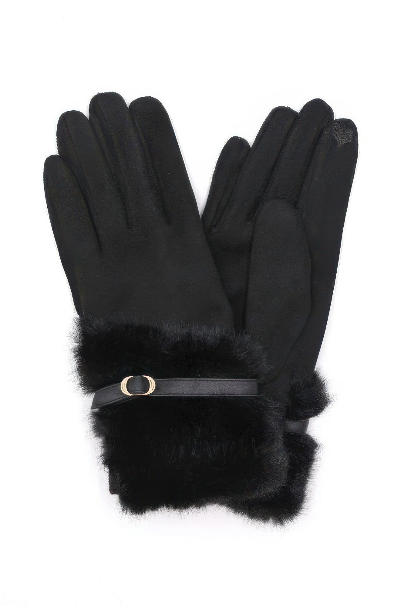 Black winter gloves with faux fur cuff and buckle strap, touchscreen tips visible, faux fur smart touch gloves for warmth