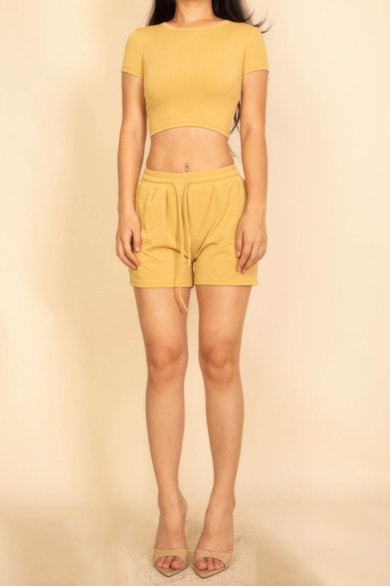 Ribbed Knit Drawstring Lounge Shorts Set - Cozy Two Piece Set - Fashions Envy