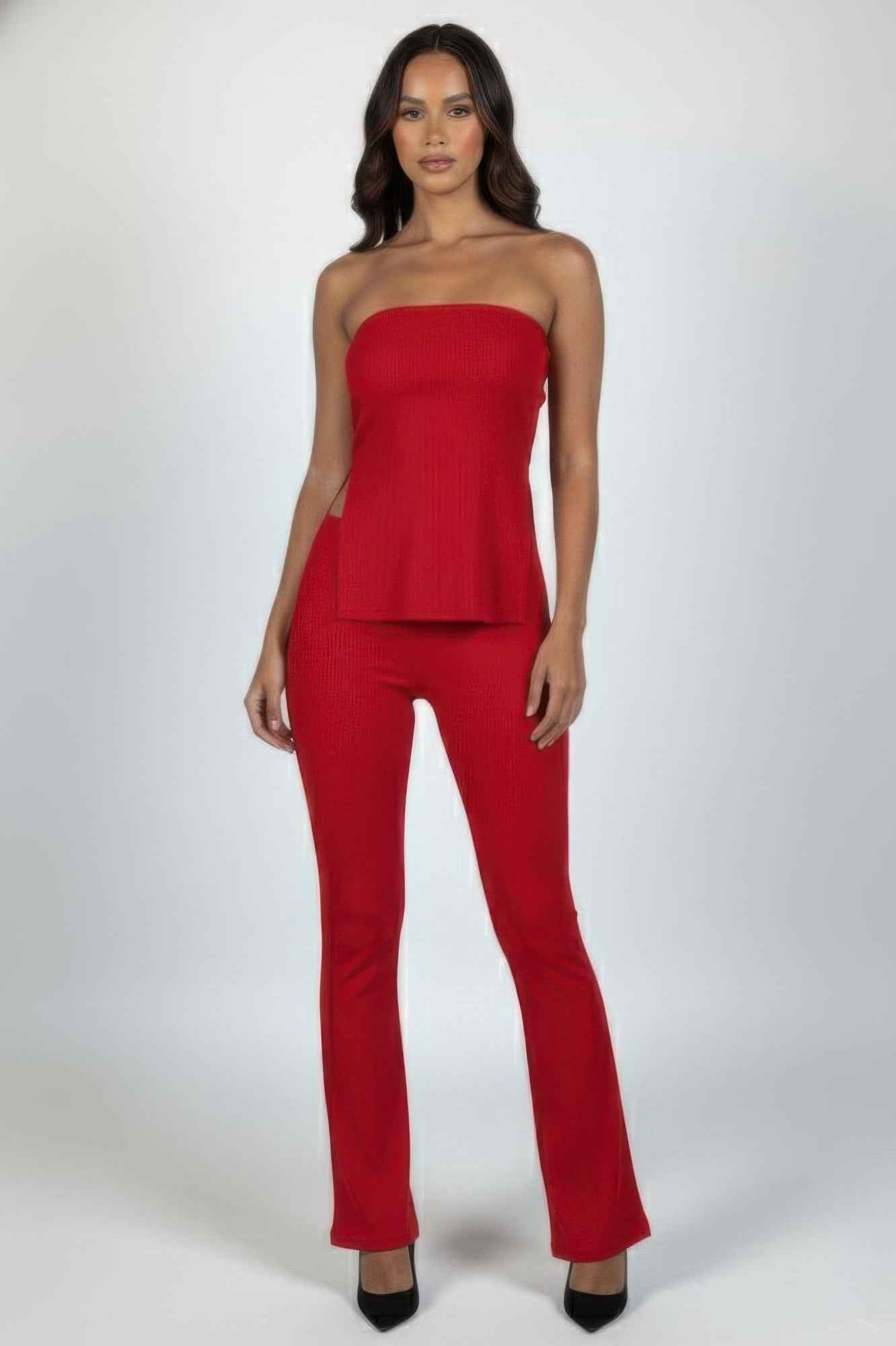 CAPELLA Ribbed Tube Top & Flare Pants Set - Side Slit