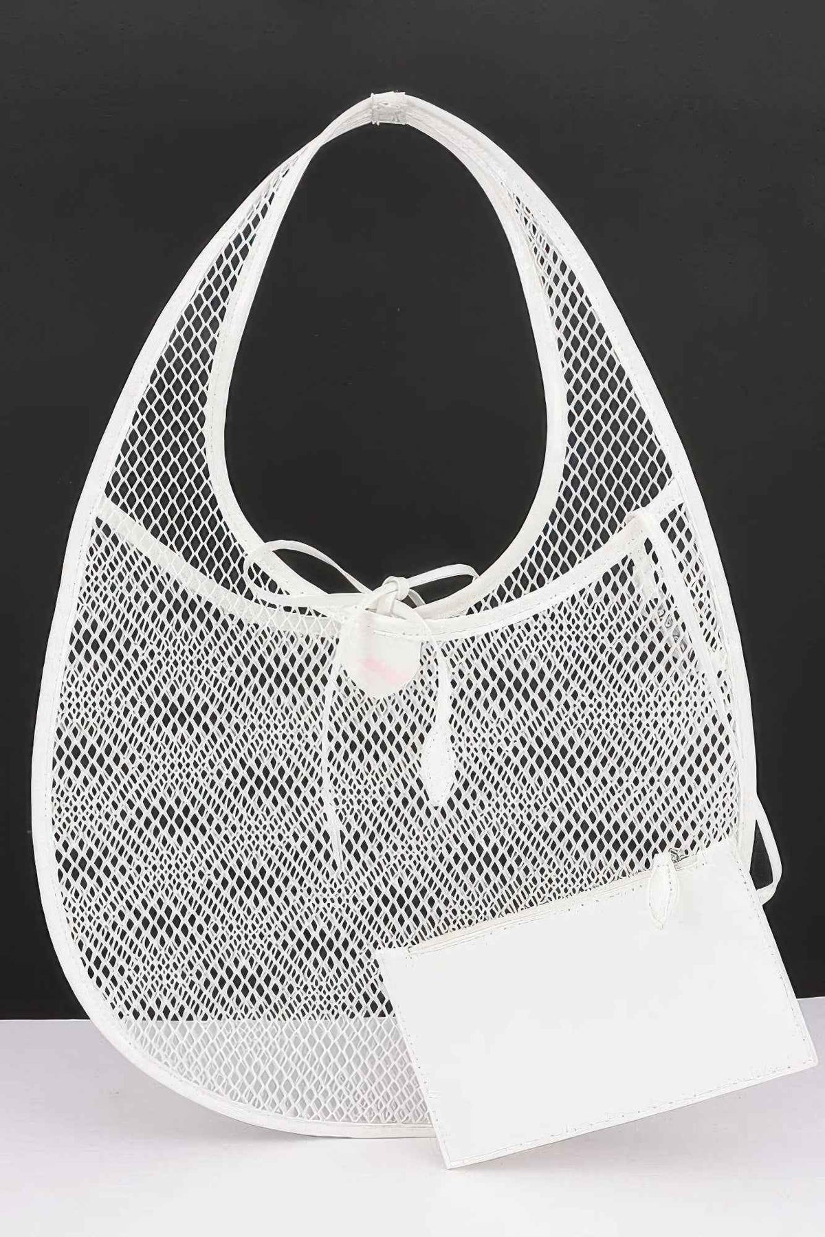Crescent Mesh Shoulder Bag - Oversized Hobo with Mini Pouch