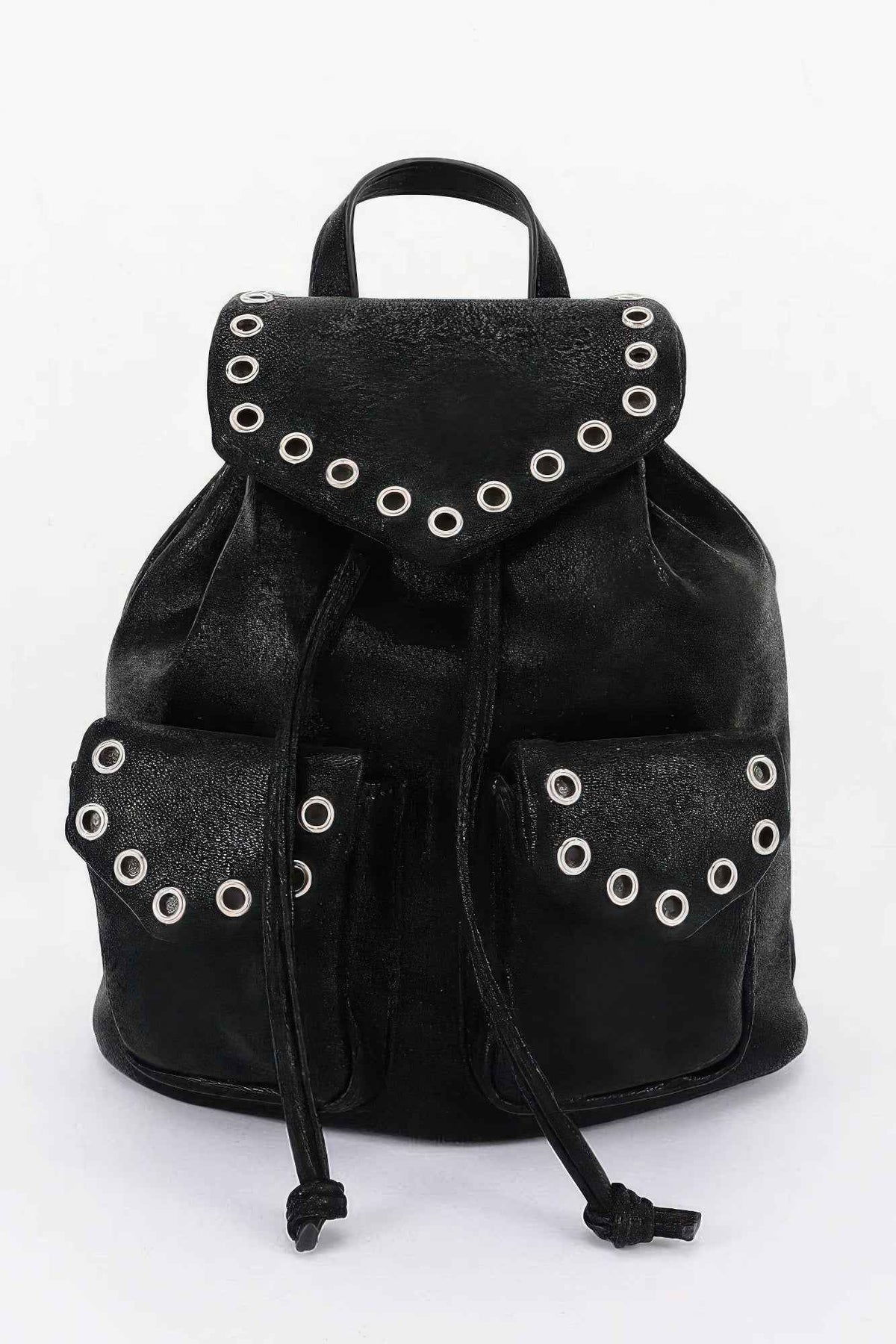 Vegan Leather Mini Backpack - Eyelet Trim & Drawstring Flap