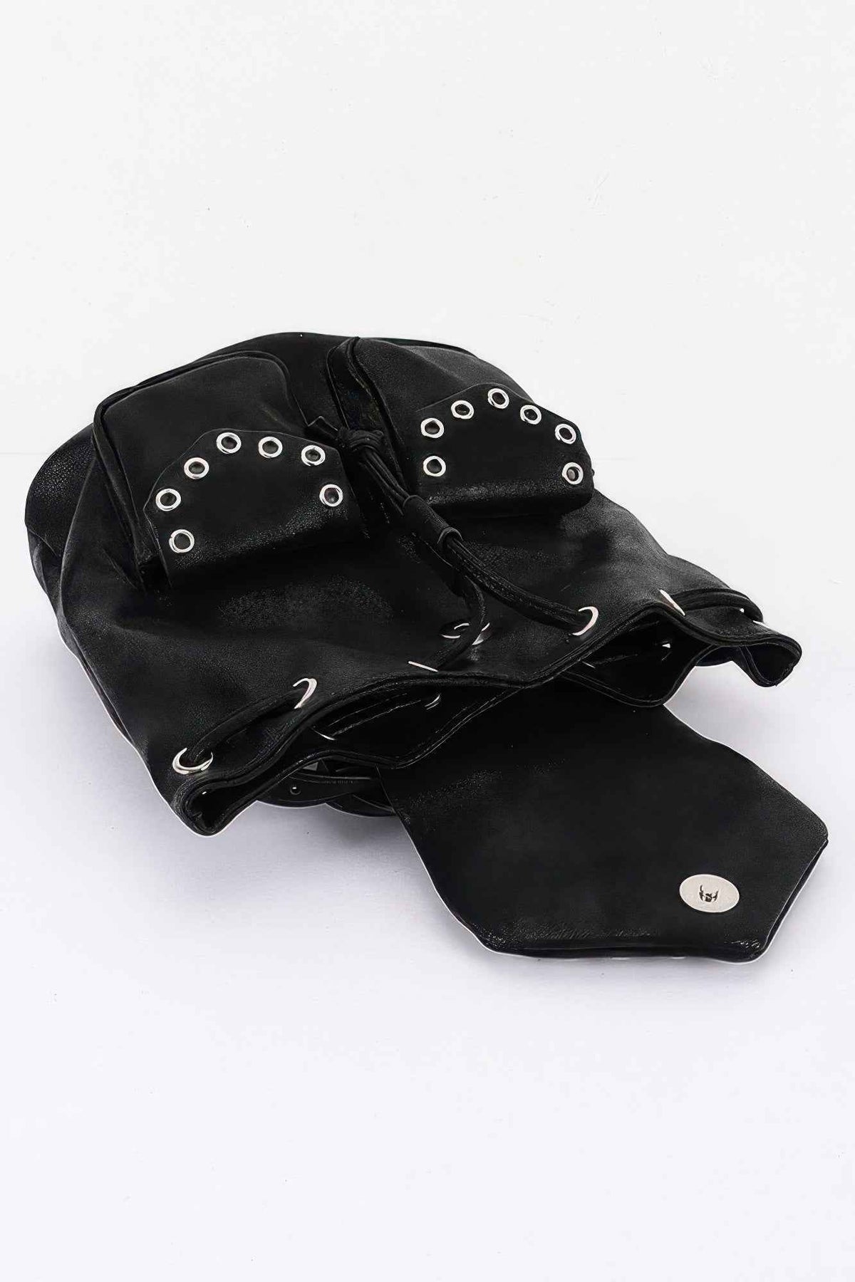 Vegan Leather Mini Backpack - Eyelet Trim & Drawstring Flap