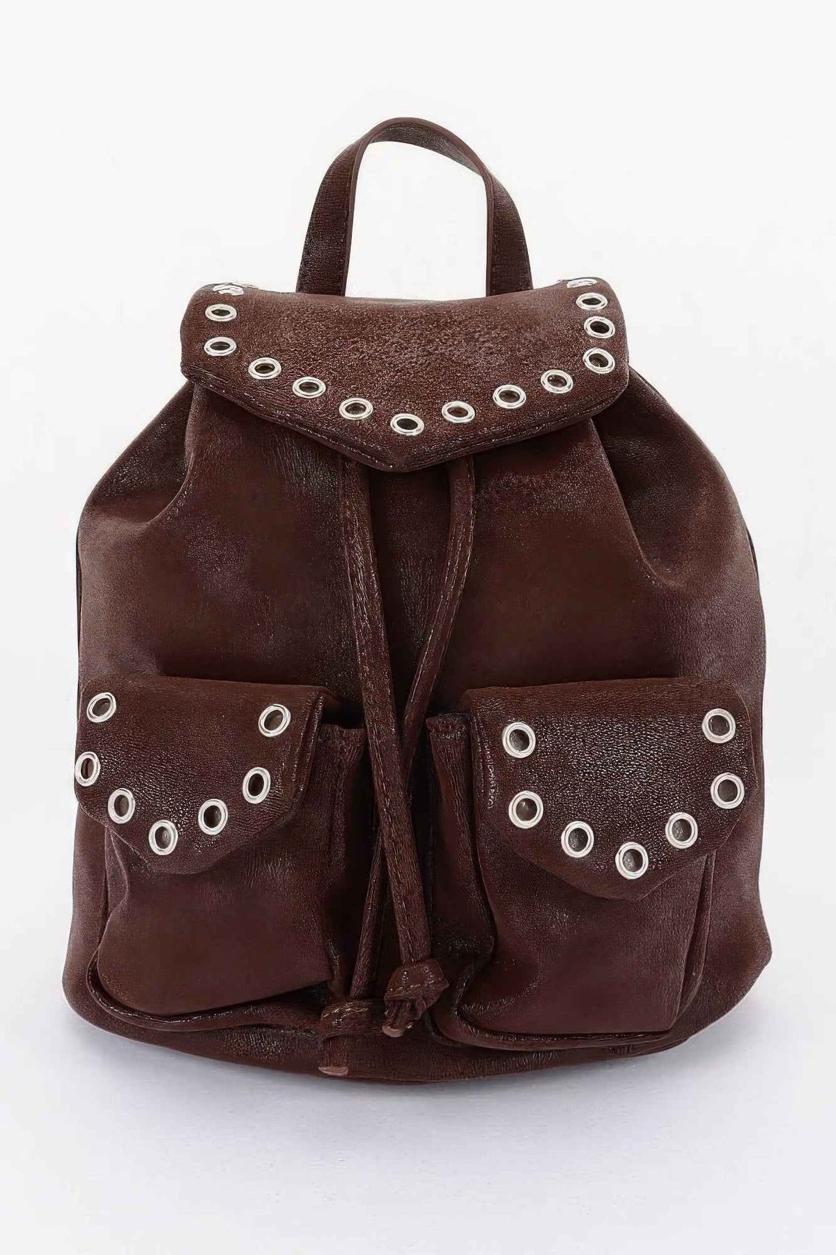 Vegan Leather Mini Backpack - Eyelet Trim & Drawstring Flap