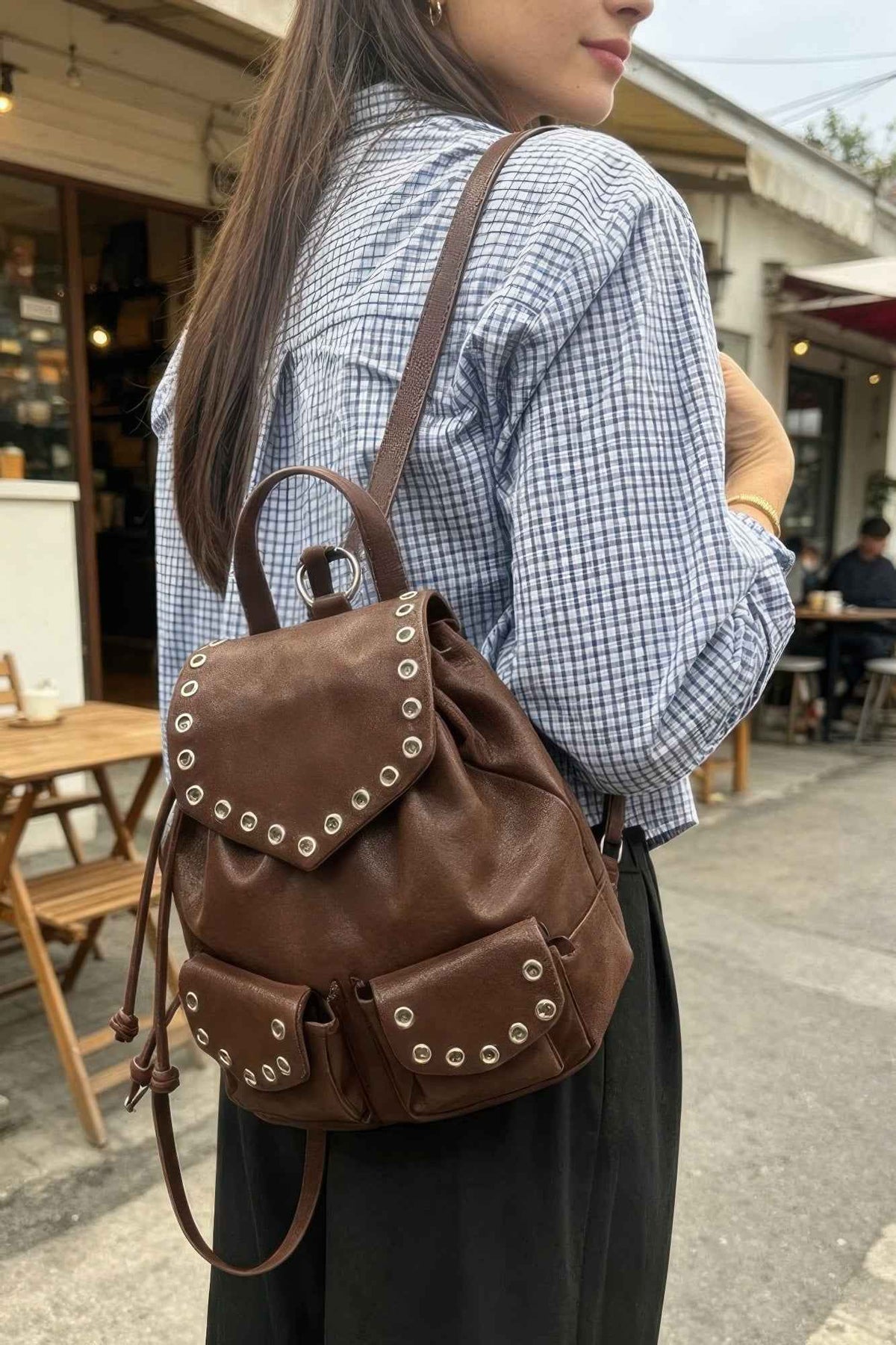 Vegan Leather Mini Backpack - Eyelet Trim & Drawstring Flap