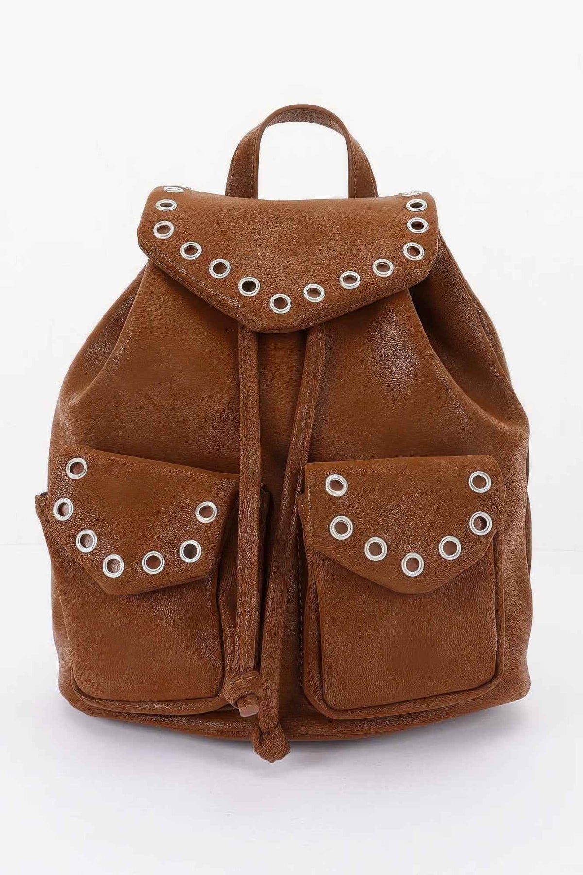 Vegan Leather Mini Backpack - Eyelet Trim & Drawstring Flap