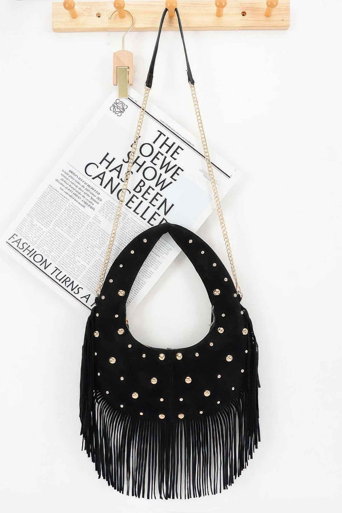 Faux Suede Studded Fringe Hobo Bag - Gold Dome Studs & Chain Strap