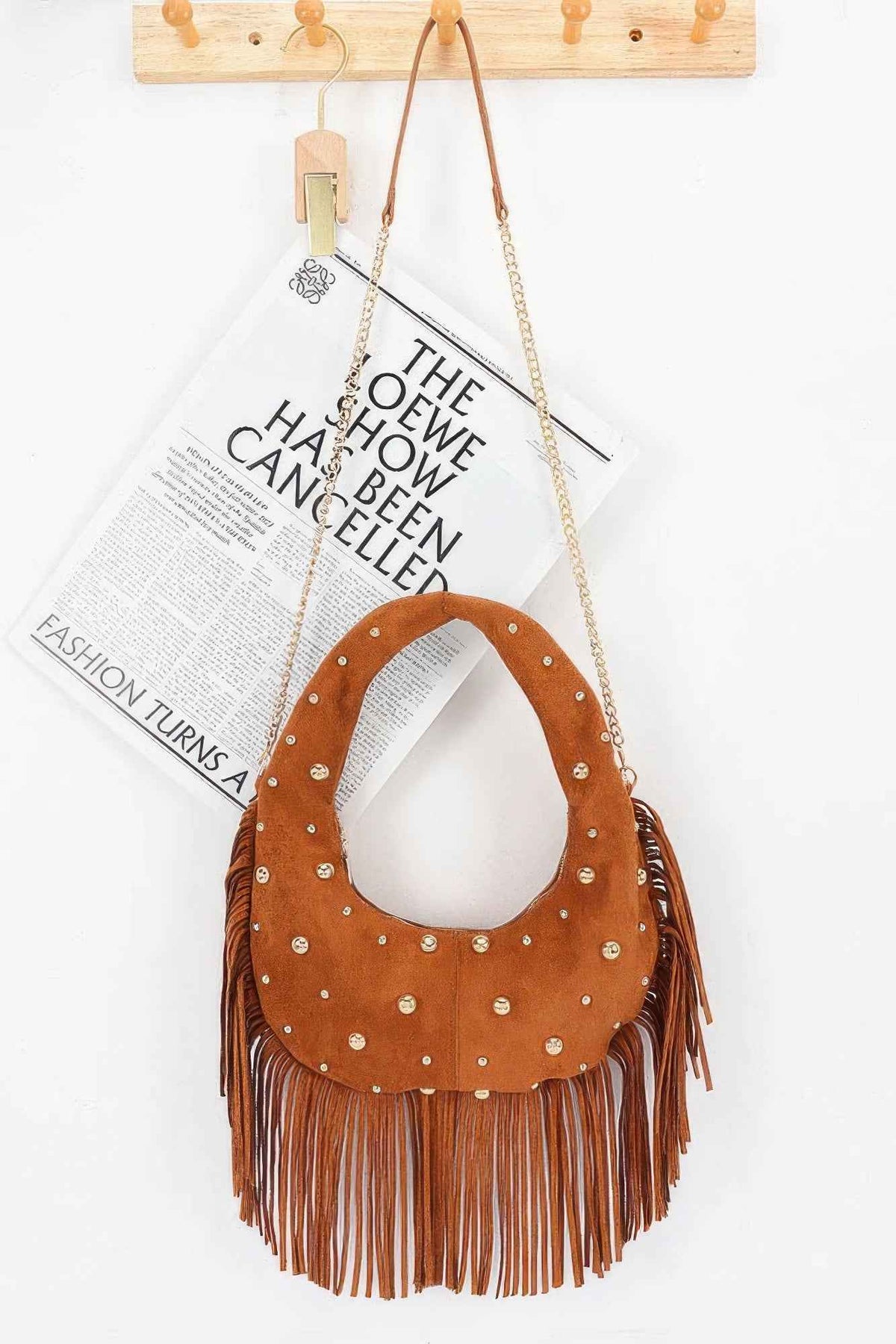 Faux Suede Studded Fringe Hobo Bag - Gold Dome Studs & Chain Strap