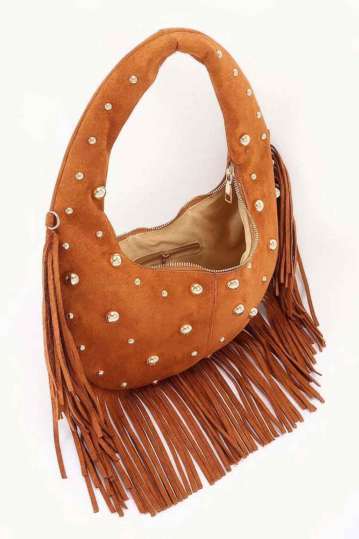 Faux Suede Studded Fringe Hobo Bag - Gold Dome Studs & Chain Strap