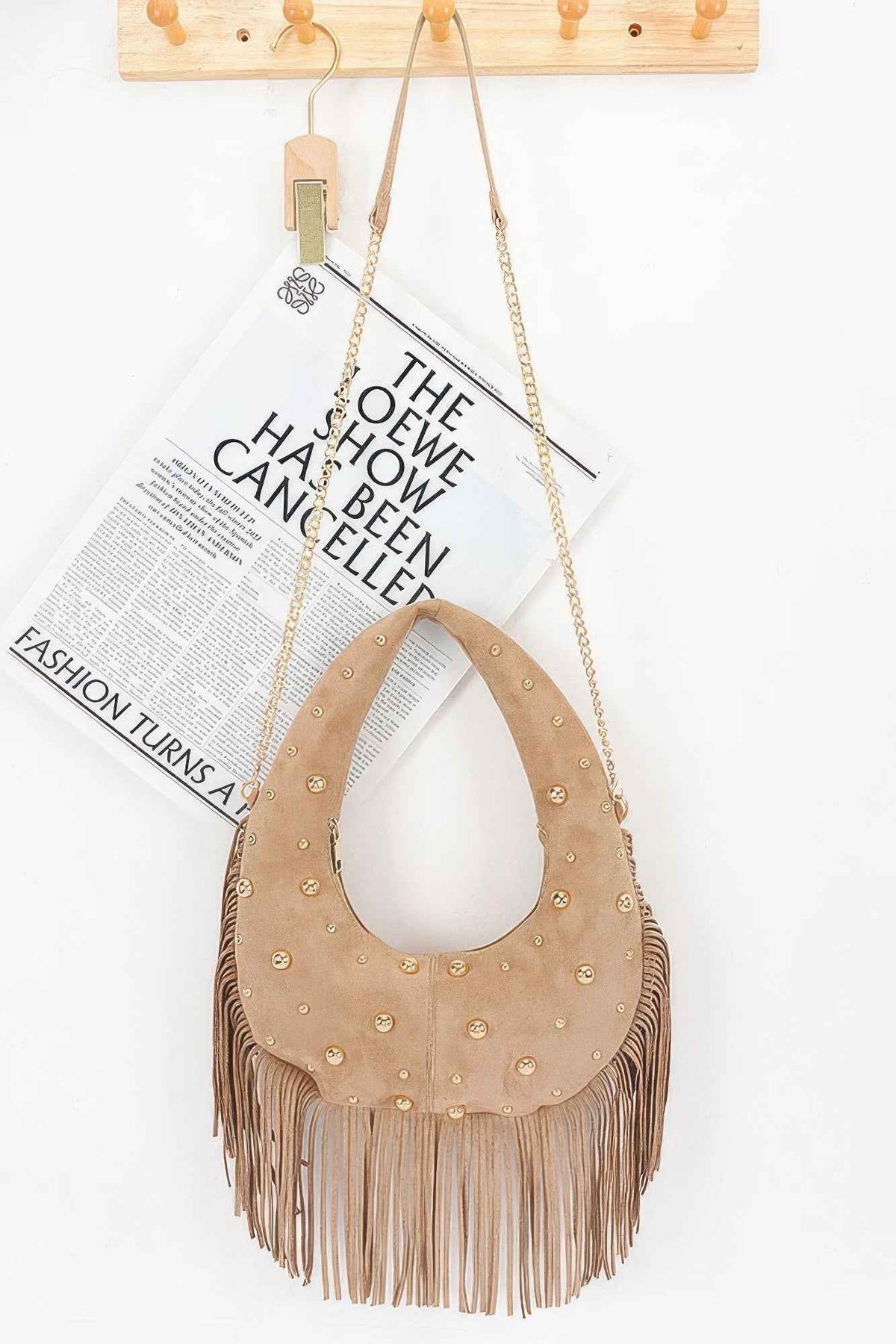 Faux Suede Studded Fringe Hobo Bag - Gold Dome Studs & Chain Strap