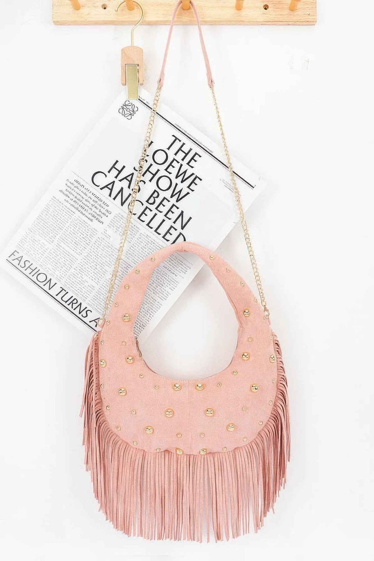 Faux Suede Studded Fringe Hobo Bag - Gold Dome Studs & Chain Strap