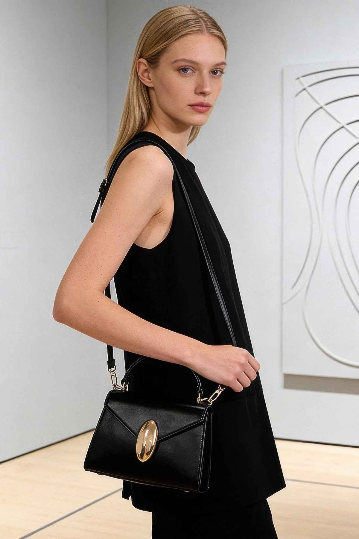 Vegan Leather Flap Bag - Oval Turn-Lock & Detachable Strap