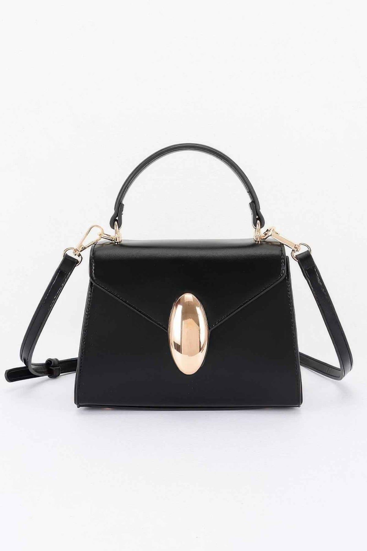Vegan Leather Flap Bag - Oval Turn-Lock & Detachable Strap