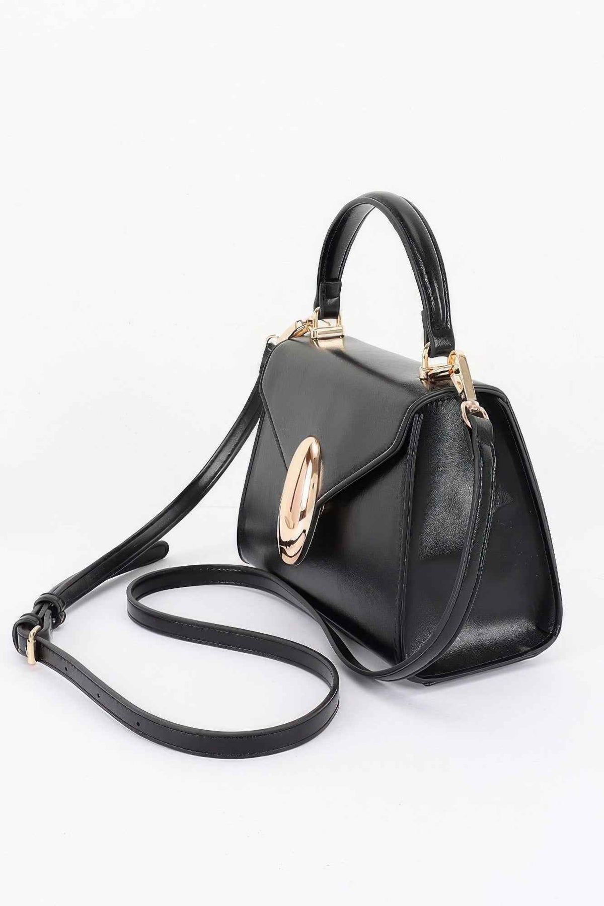 Vegan Leather Flap Bag - Oval Turn-Lock & Detachable Strap