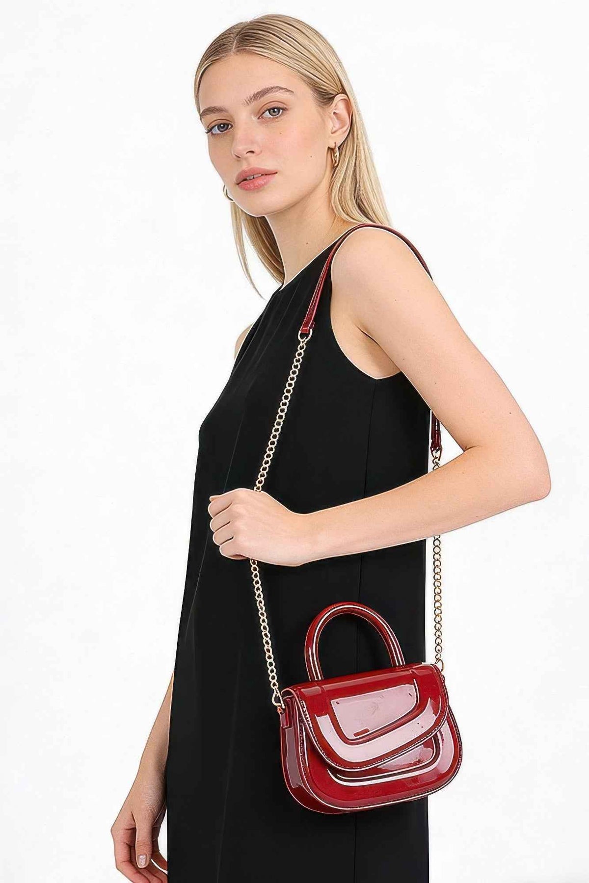 Patent Leather Mini Bag - Flap Closure & Chain Crossbody Strap